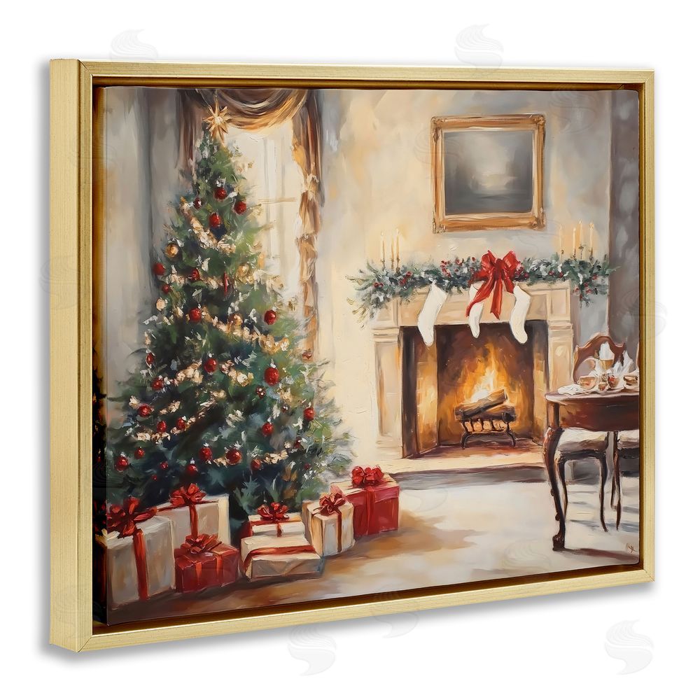 Arlington Prints Vintage Christmas Tree Hearth Gold Floating Frame Canvas Wall Art Print