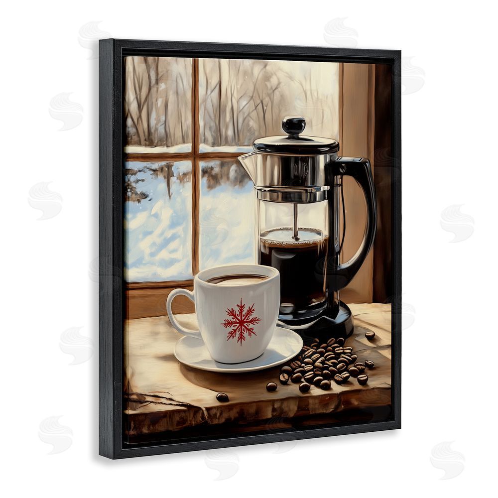 Arlington Prints Winter French Press Coffee Black Floating Frame Canvas Wall Art Print