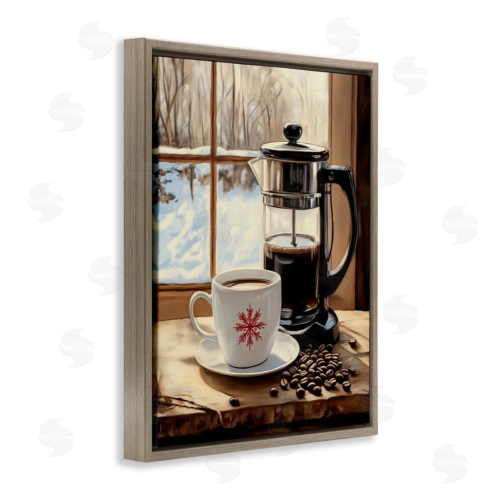 Arlington Prints Winter French Press Coffee Brown Floating Frame Canvas Wall Art Print