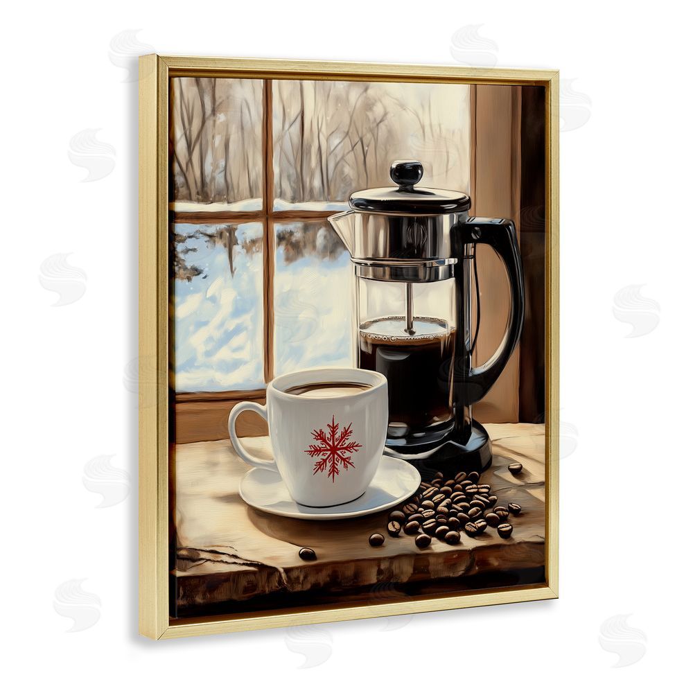 Arlington Prints Winter French Press Coffee Gold Floating Frame Canvas Wall Art Print