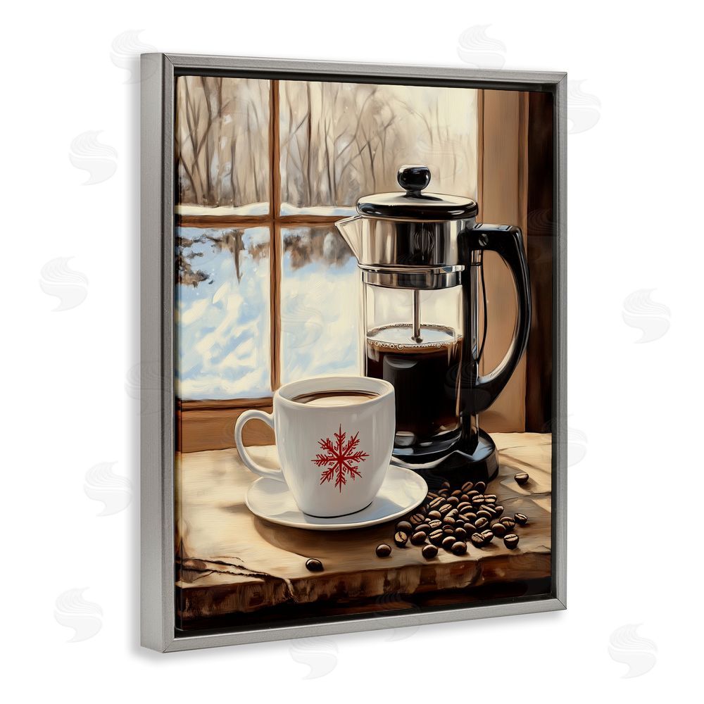 Arlington Prints Winter French Press Coffee Gray Floating Frame Canvas Wall Art Print