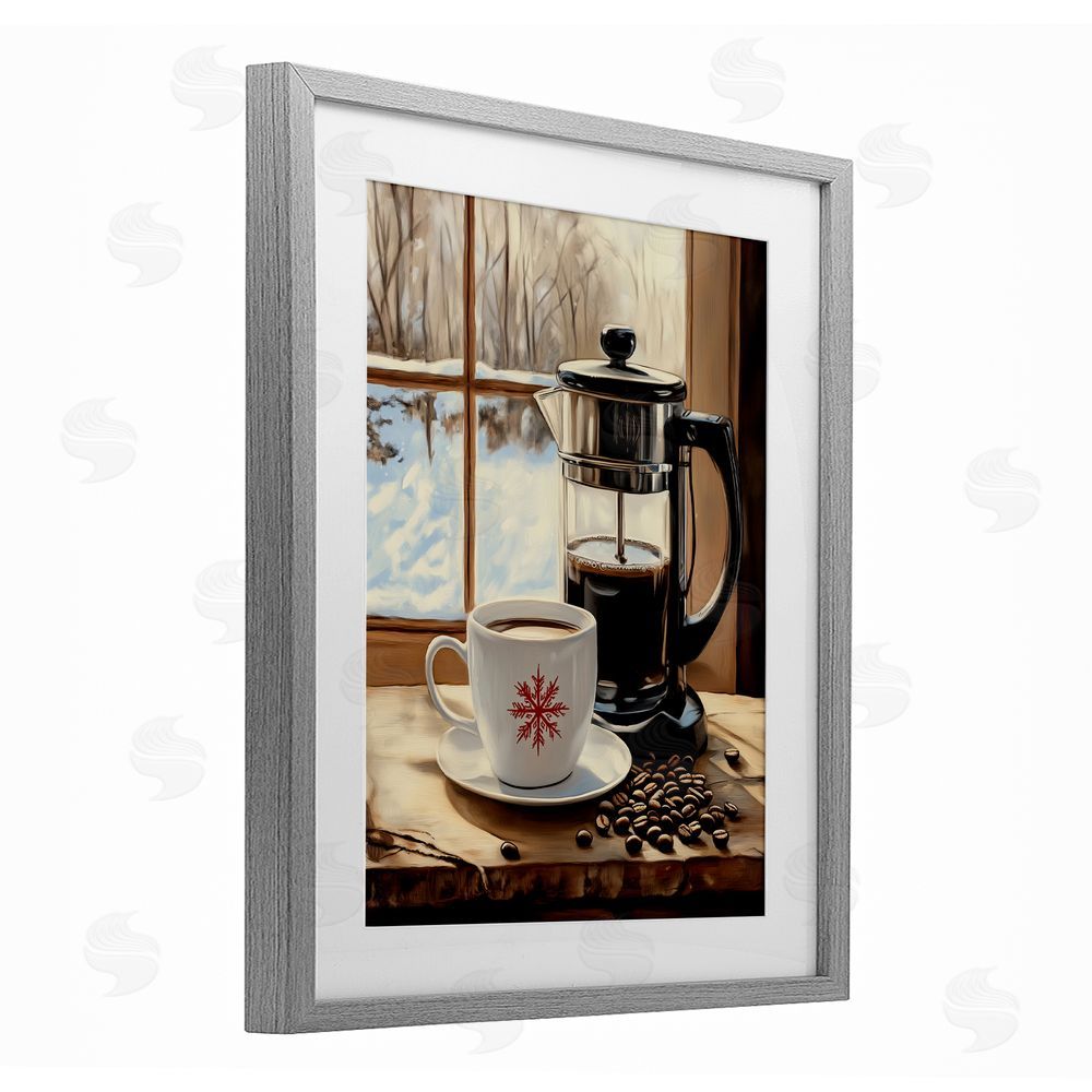 Arlington Prints Winter French Press Coffee Gray Framed Print Under Glass with White Mat Wall Art