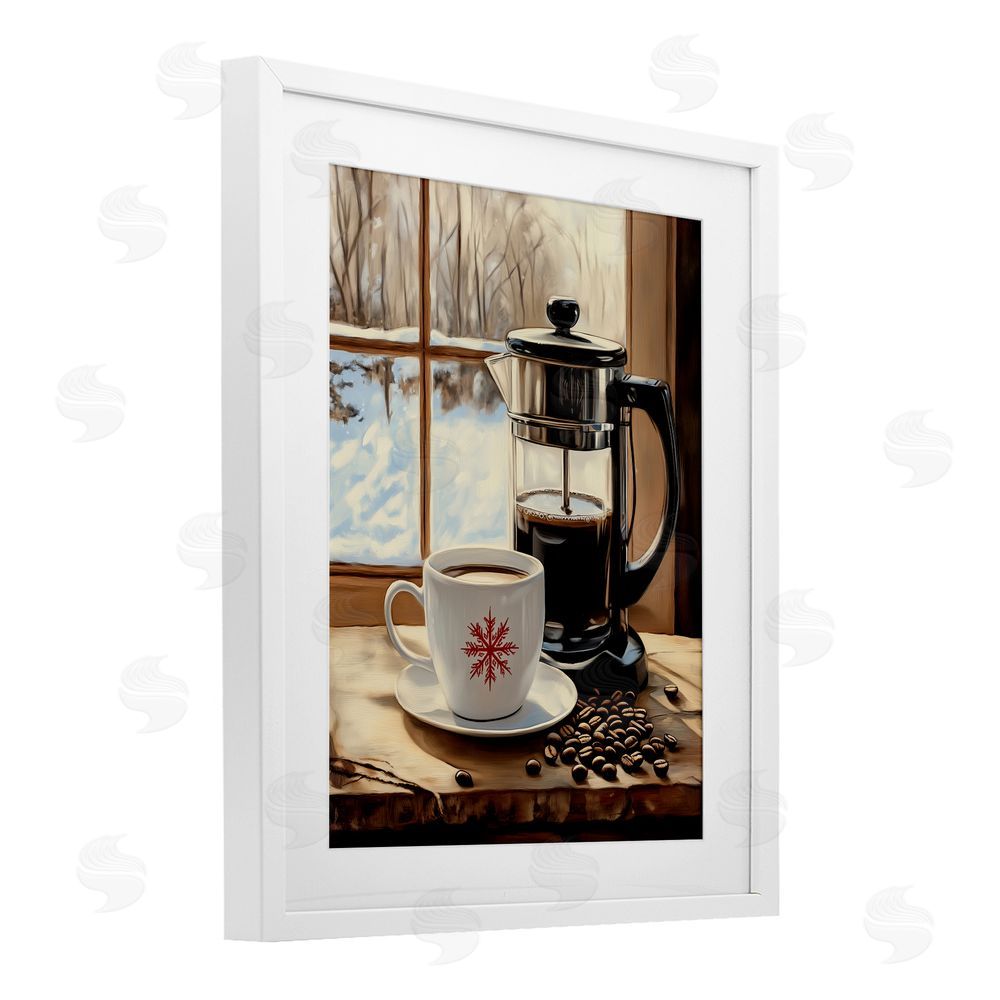 Arlington Prints Winter French Press Coffee White Framed Print Under Glass with Mat Wall Art