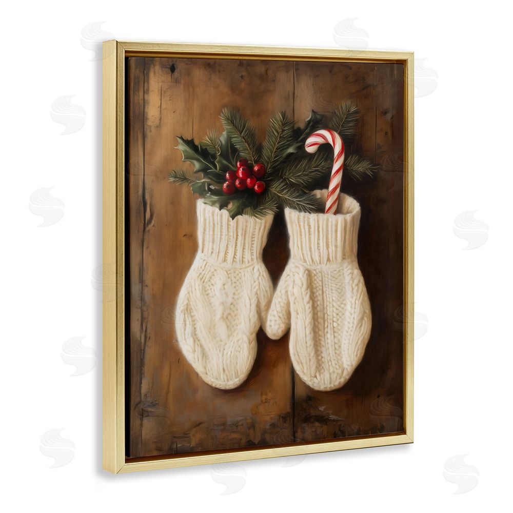 Arlington Prints Warm Woolen Mittens Gold Floating Frame Canvas Wall Art Print