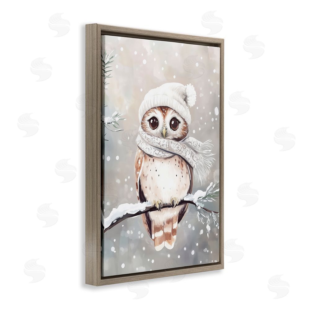 Arlington Prints Cute Winter Owl Brown Floating Frame Canvas Wall Art Print