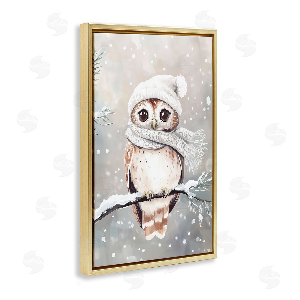 Arlington Prints Cute Winter Owl Gold Floating Frame Canvas Wall Art Print