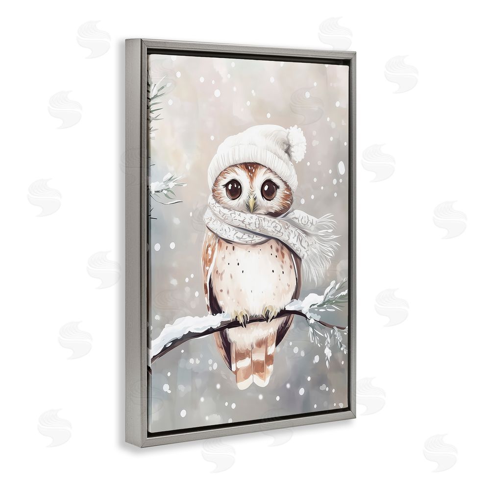 Arlington Prints Cute Winter Owl Gray Floating Frame Canvas Wall Art Print