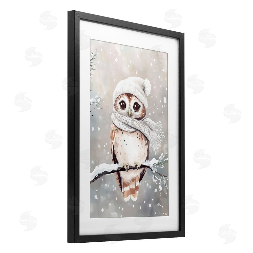 Arlington Prints Cute Winter Owl Black Framed Print Under Glass with White Mat Wall Art