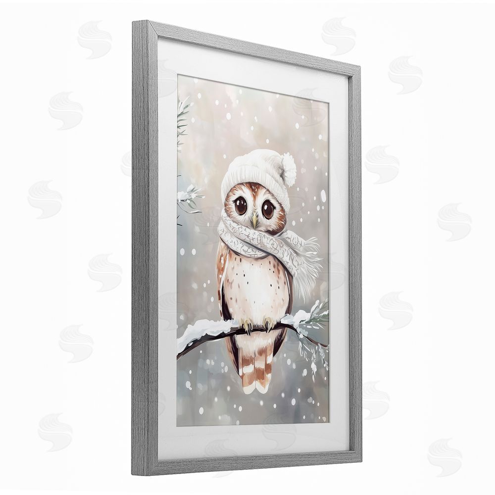 Arlington Prints Cute Winter Owl Gray Framed Print Under Glass with White Mat Wall Art