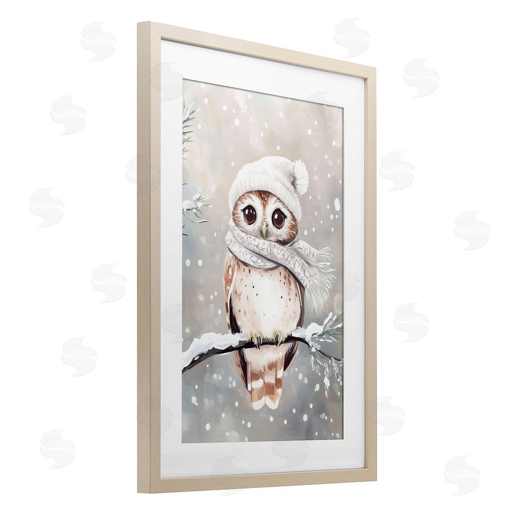 Arlington Prints Cute Winter Owl Birch Framed Print Under Glass with White Mat Wall Art