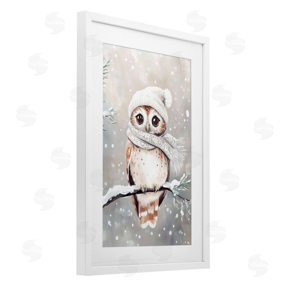 Arlington Prints Cute Winter Owl White Framed Print Under Glass with Mat Wall Art