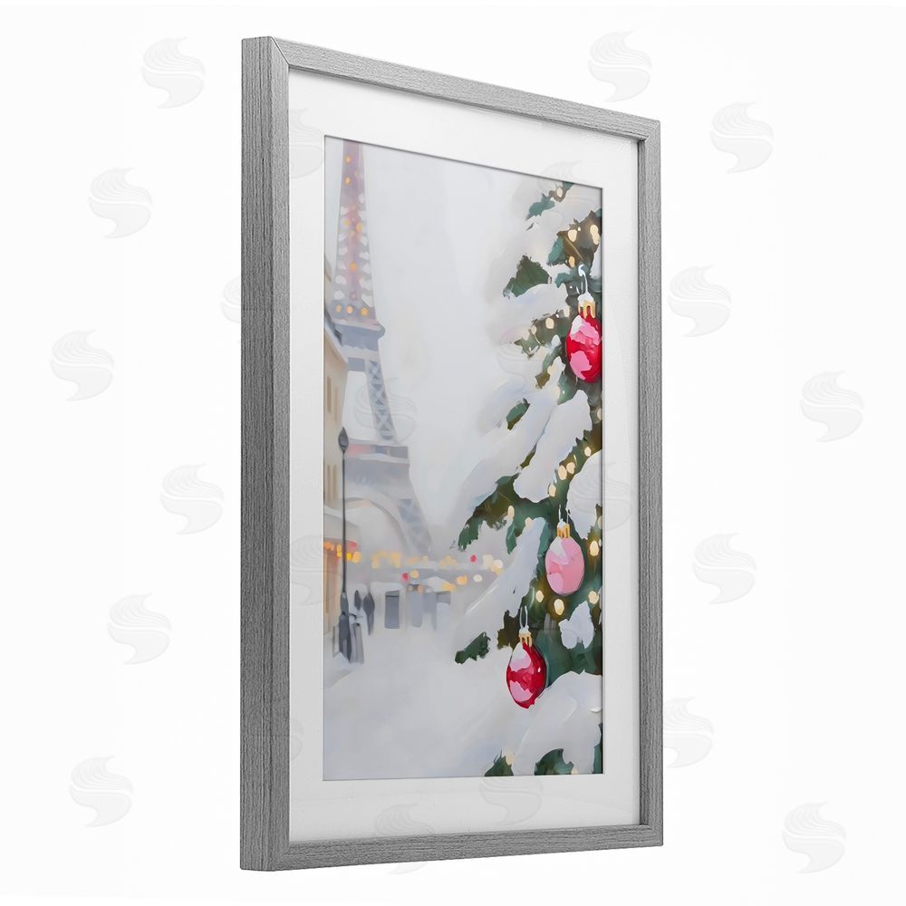 Arlington Prints Eiffel Tower Christmas Gray Framed Print Under Glass with White Mat Wall Art