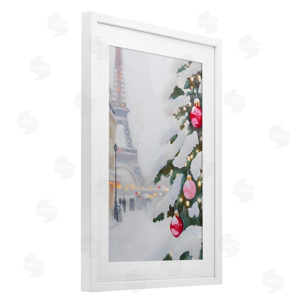 Arlington Prints Eiffel Tower Christmas White Framed Print Under Glass with Mat Wall Art