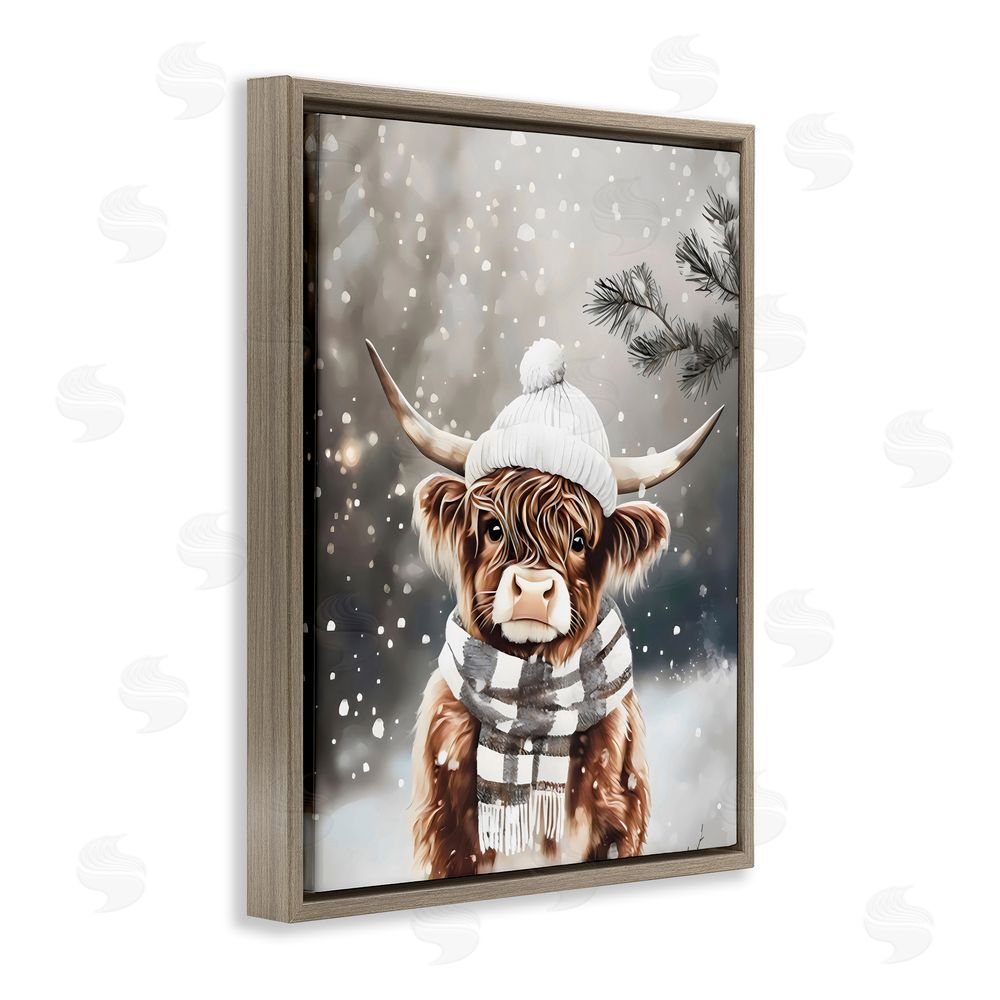Arlington Prints Cozy Winter Highland Calf Brown Floating Frame Canvas Wall Art Print