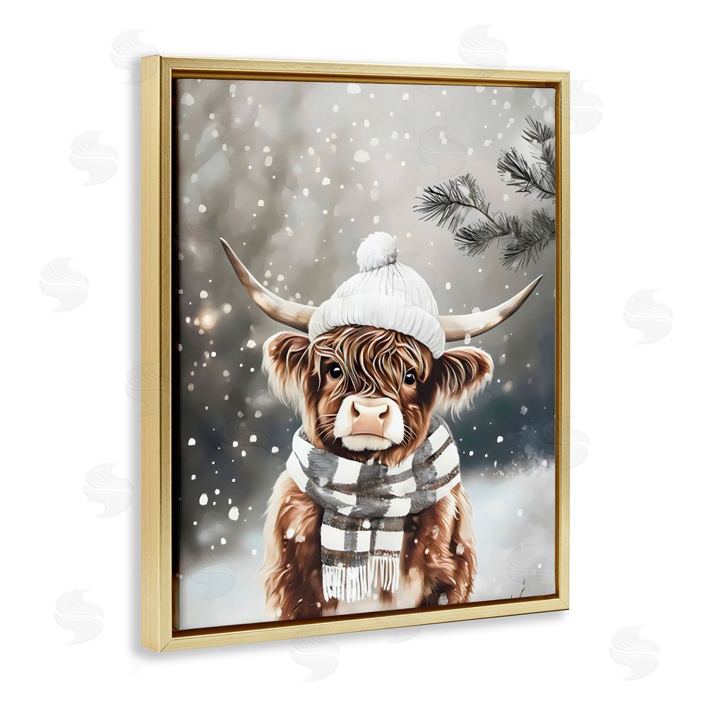 Arlington Prints Cozy Winter Highland Calf Gold Floating Frame Canvas Wall Art Print