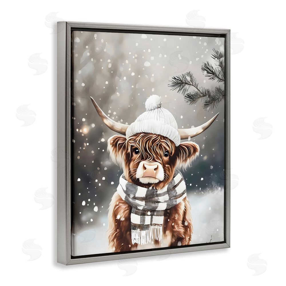 Arlington Prints Cozy Winter Highland Calf Gray Floating Frame Canvas Wall Art Print