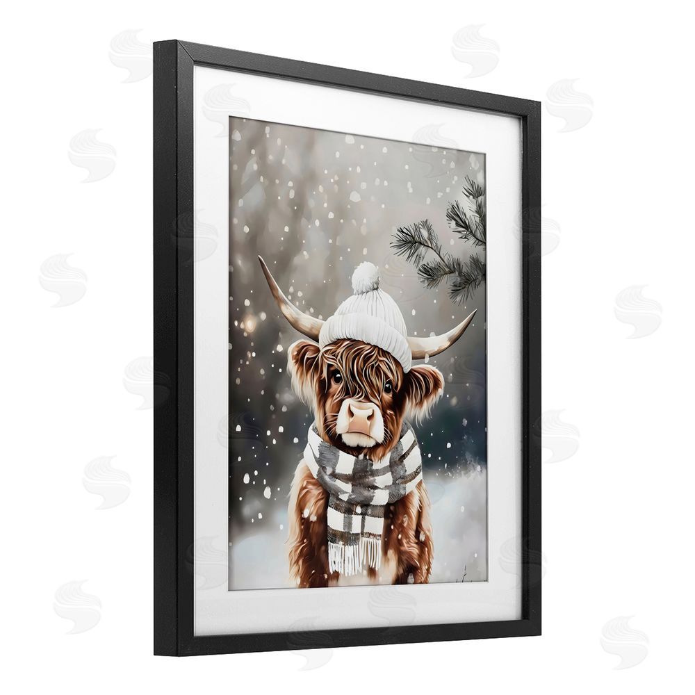 Arlington Prints Cozy Winter Highland Calf Black Framed Print Under Glass with White Mat Wall Art