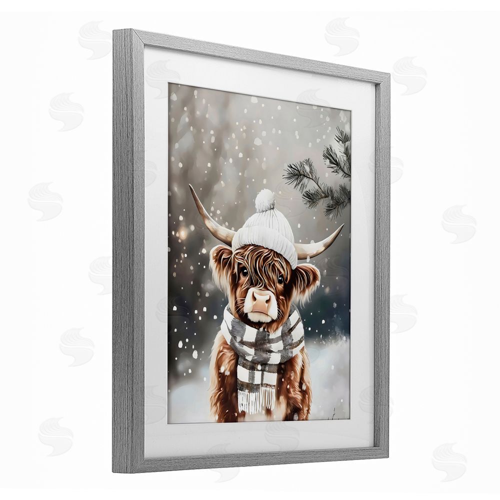 Arlington Prints Cozy Winter Highland Calf Gray Framed Print Under Glass with White Mat Wall Art