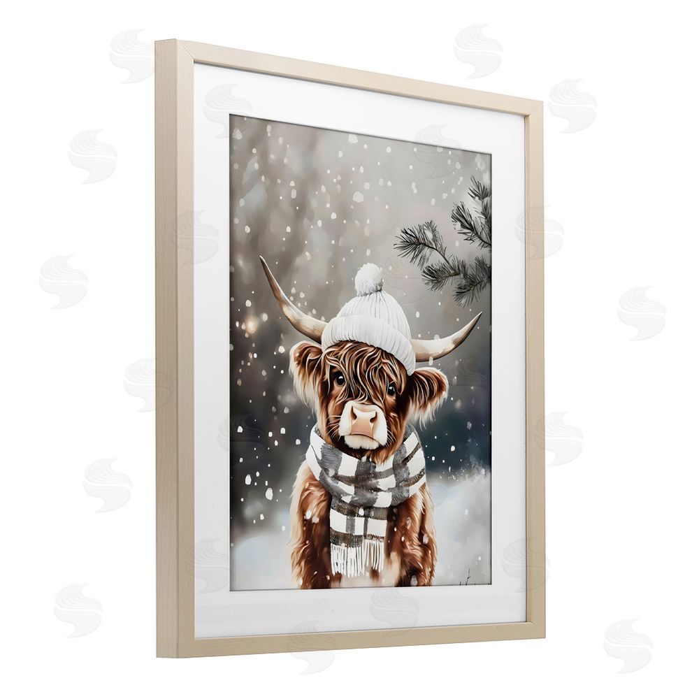 Arlington Prints Cozy Winter Highland Calf Birch Framed Print Under Glass with White Mat Wall Art
