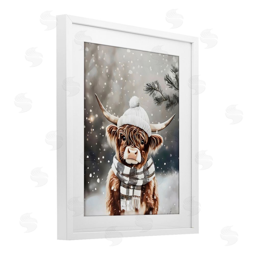 Arlington Prints Cozy Winter Highland Calf White Framed Print Under Glass with Mat Wall Art