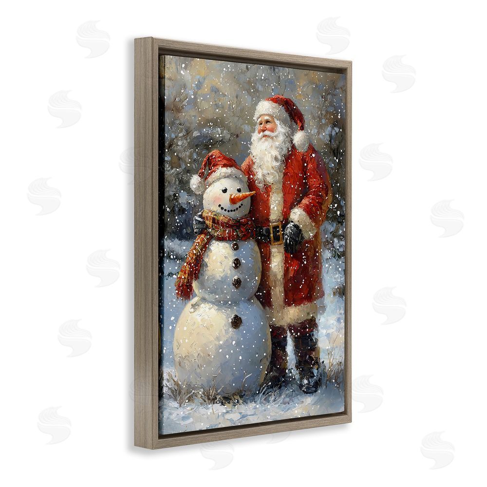 Franklyn Gregory Santa & Snowman Friend Brown Floating Frame Canvas Wall Art Print