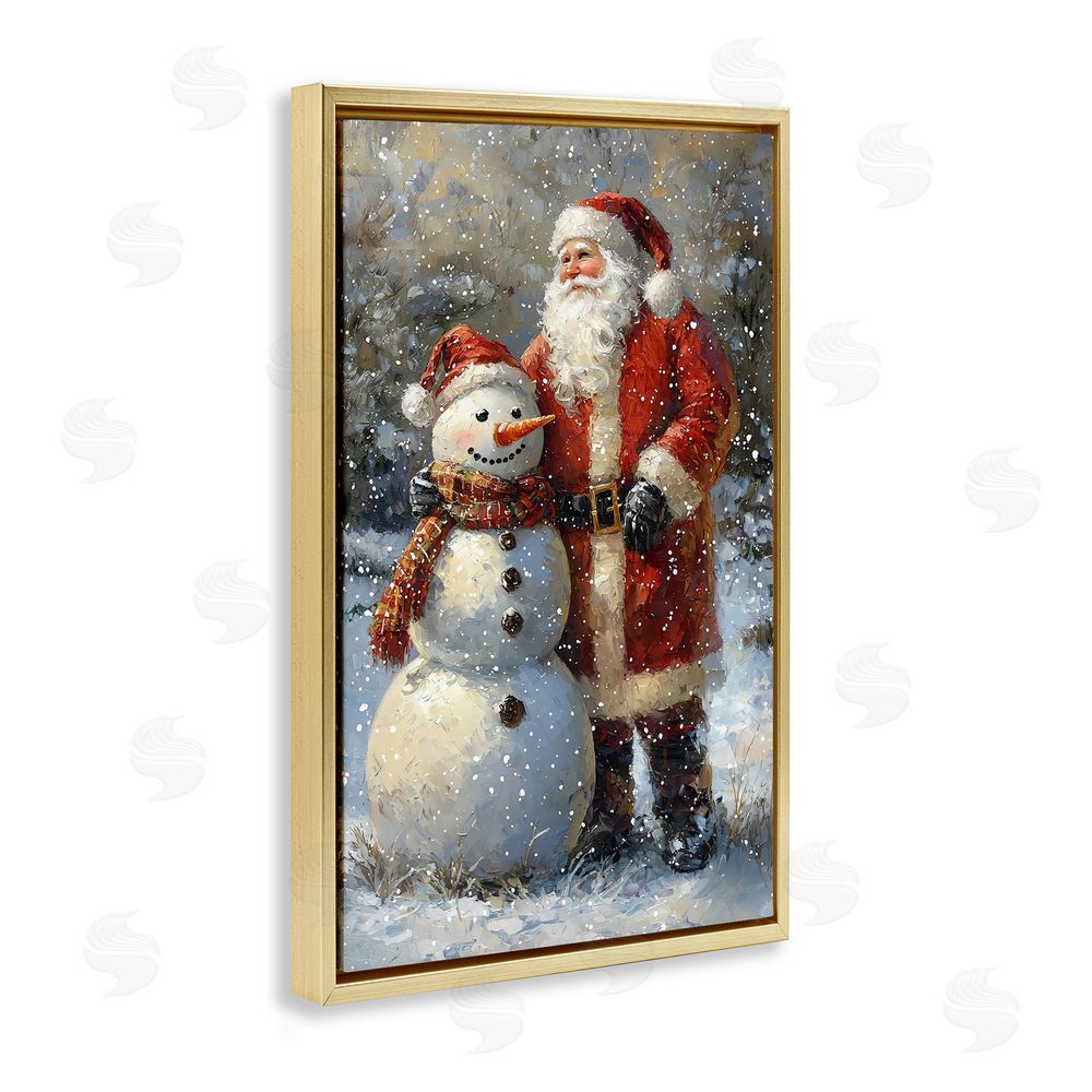Franklyn Gregory Santa & Snowman Friend Gold Floating Frame Canvas Wall Art Print