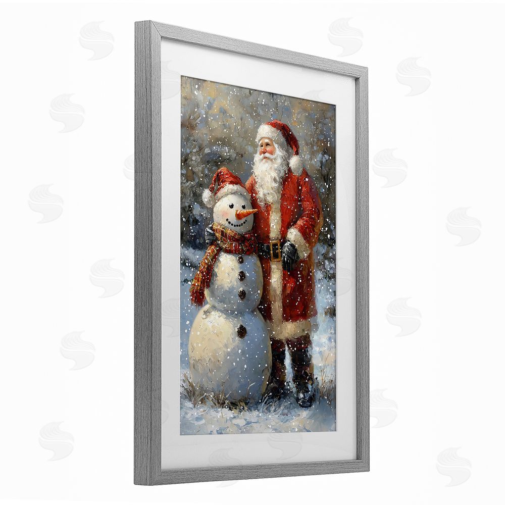 Franklyn Gregory Santa & Snowman Friend Gray Framed Print Under Glass with White Mat Wall Art