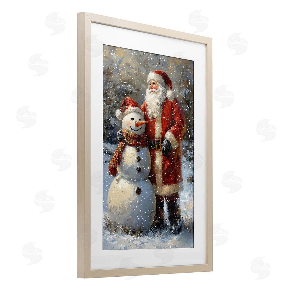 Franklyn Gregory Santa & Snowman Friend Birch Framed Print Under Glass with White Mat Wall Art