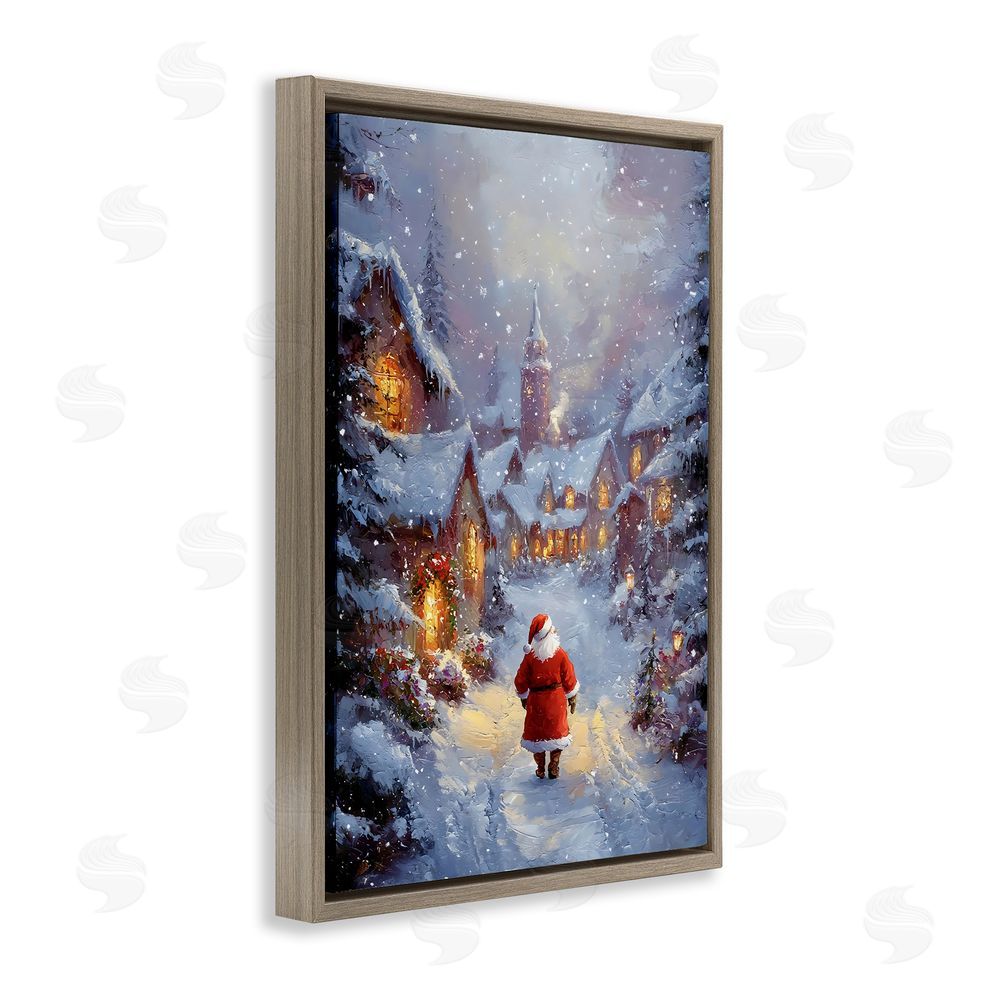 Franklyn Gregory Santa Strolling Christmas Village Brown Floating Frame Canvas Wall Art Print