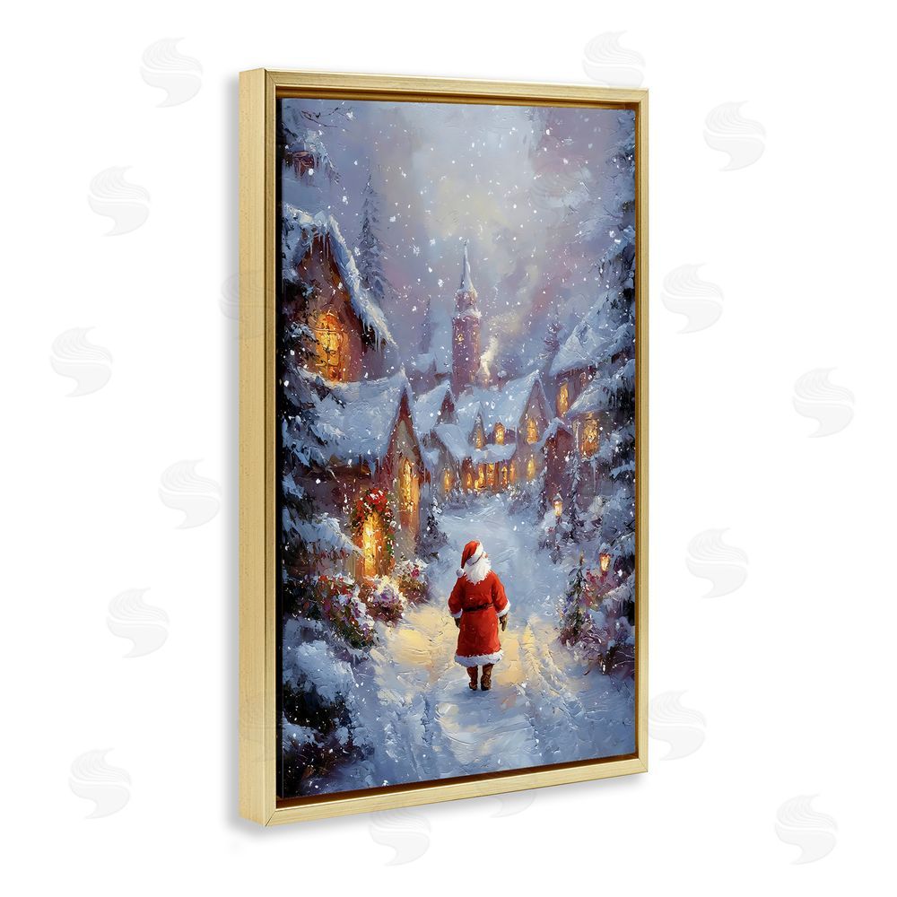 Franklyn Gregory Santa Strolling Christmas Village Gold Floating Frame Canvas Wall Art Print