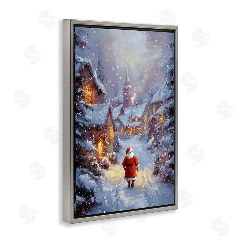 Franklyn Gregory Santa Strolling Christmas Village Gray Floating Frame Canvas Wall Art Print