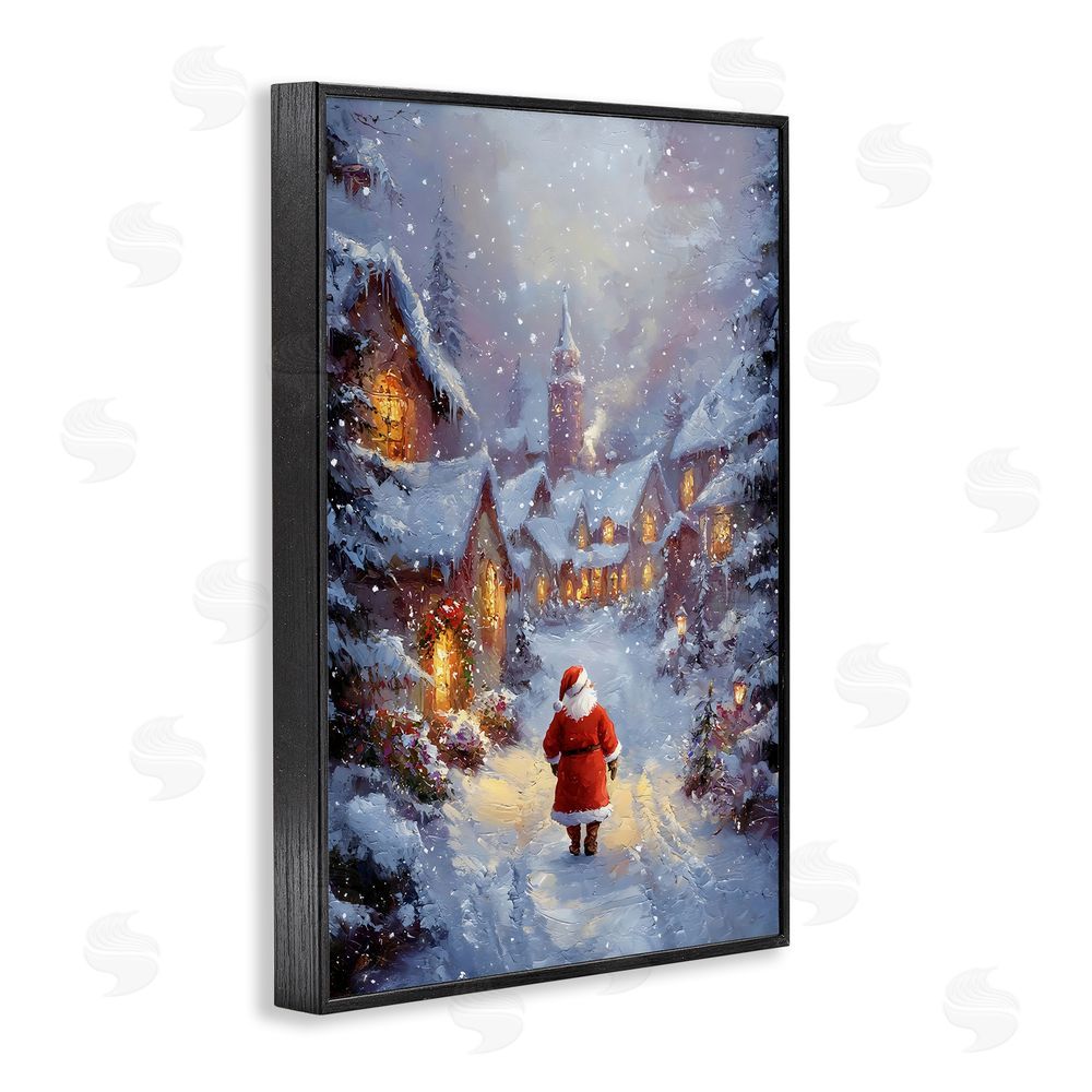 Franklyn Gregory Santa Strolling Christmas Village Black Framed Giclee Wall Art Print