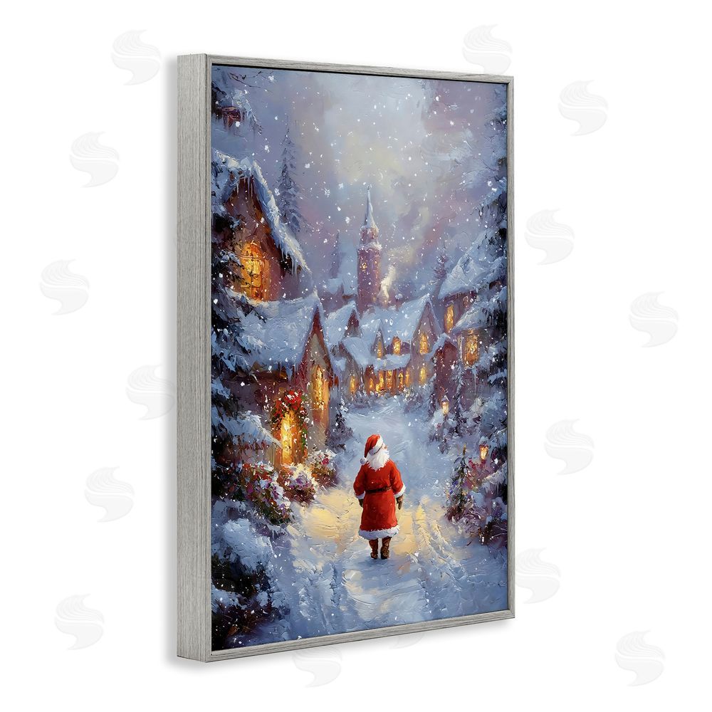 Franklyn Gregory Santa Strolling Christmas Village Gray Framed Giclee Wall Art Print