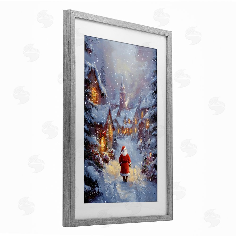 Franklyn Gregory Santa Strolling Christmas Village Gray Framed Print Under Glass with White Mat Wall Art