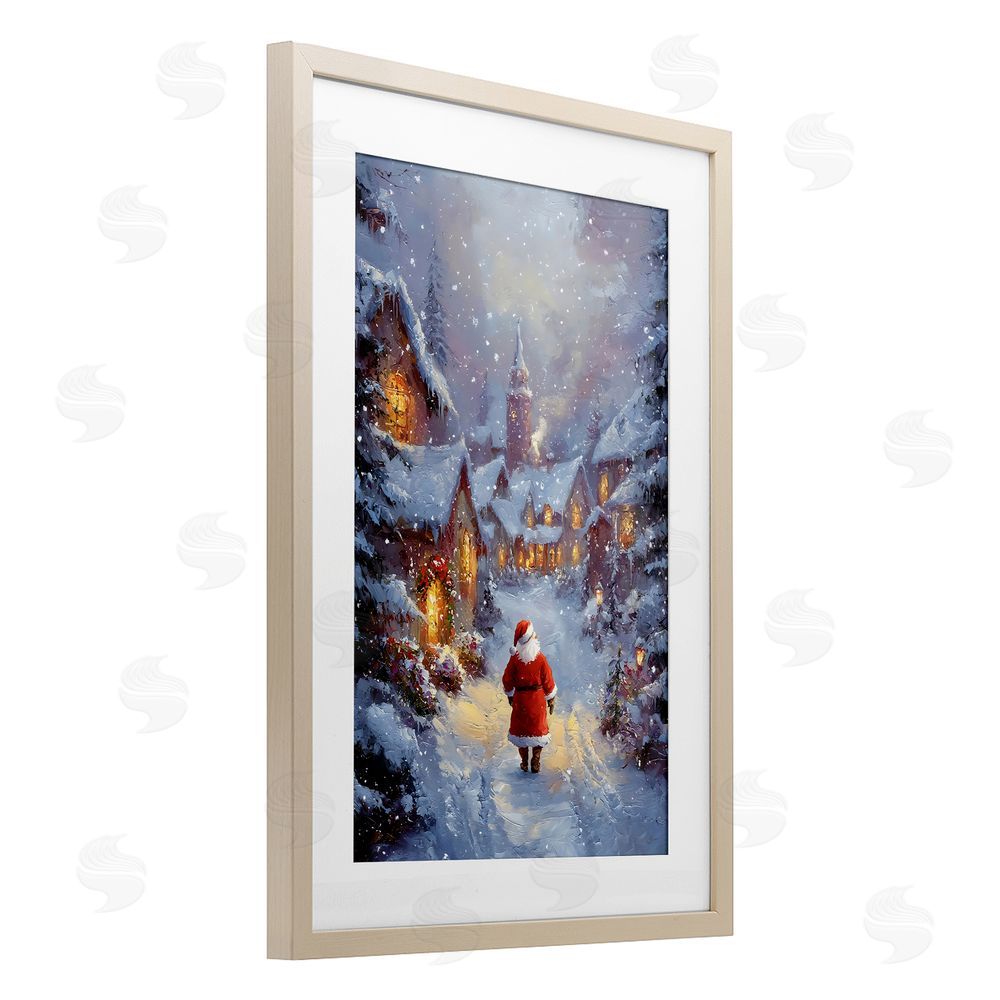 Franklyn Gregory Santa Strolling Christmas Village Birch Framed Print Under Glass with White Mat Wall Art