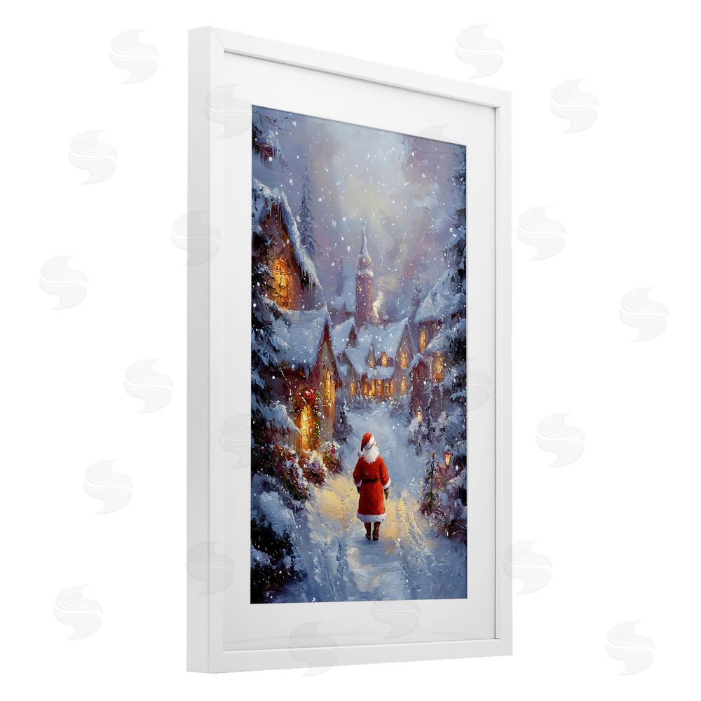 Franklyn Gregory Santa Strolling Christmas Village White Framed Print Under Glass with Mat Wall Art