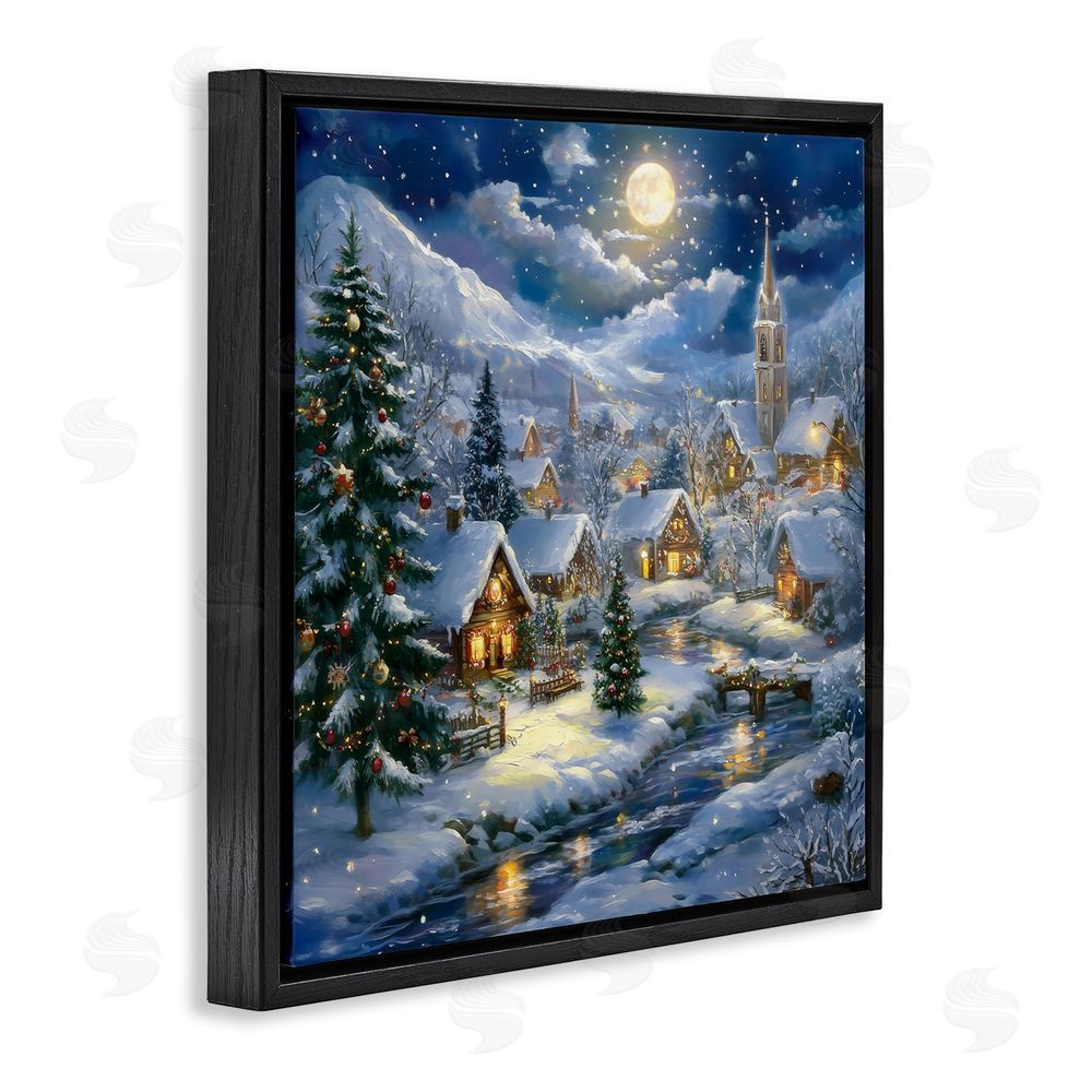 Creative Studio Snow Covered Village Black Floating Frame Canvas Wall Art Print
