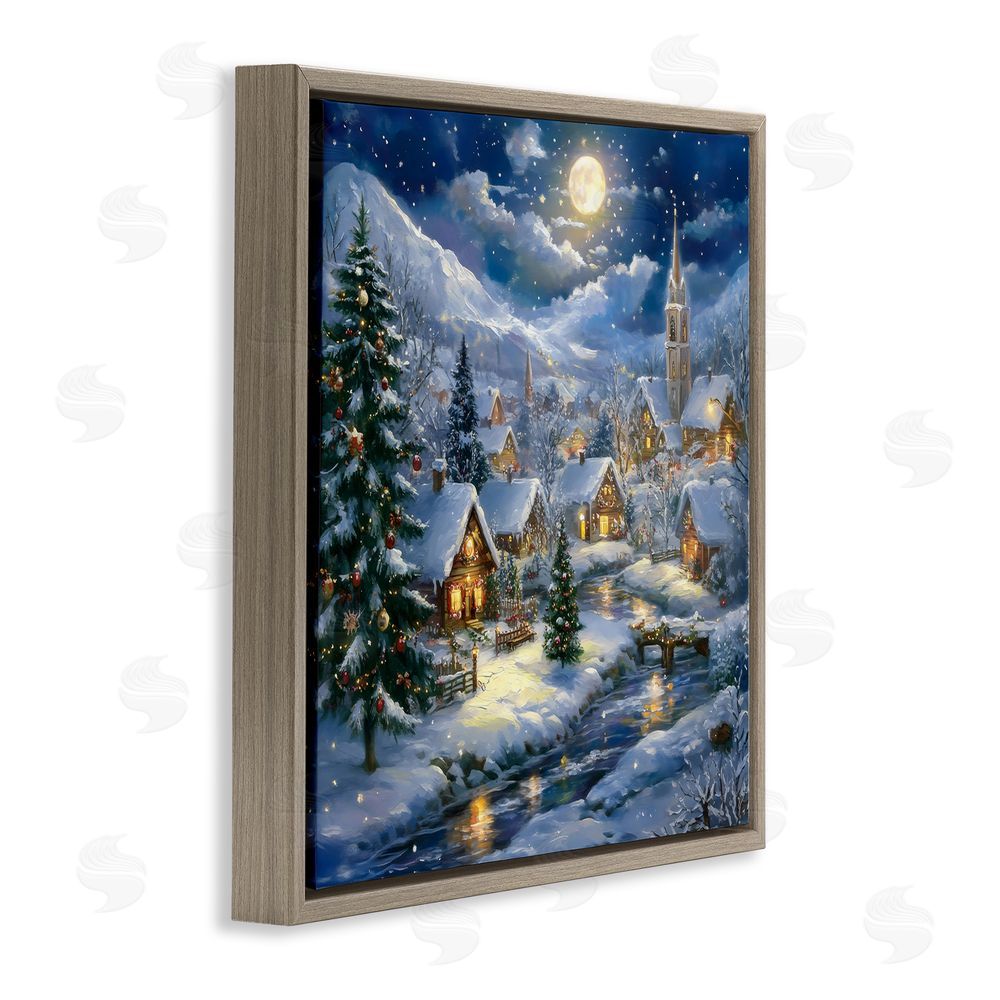 Creative Studio Snow Covered Village Brown Floating Frame Canvas Wall Art Print