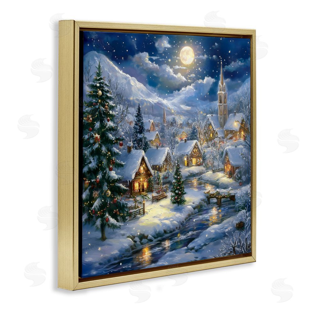 Creative Studio Snow Covered Village Gold Floating Frame Canvas Wall Art Print