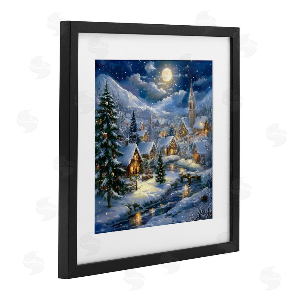Creative Studio Snow Covered Village Black Framed Print Under Glass with White Mat Wall Art