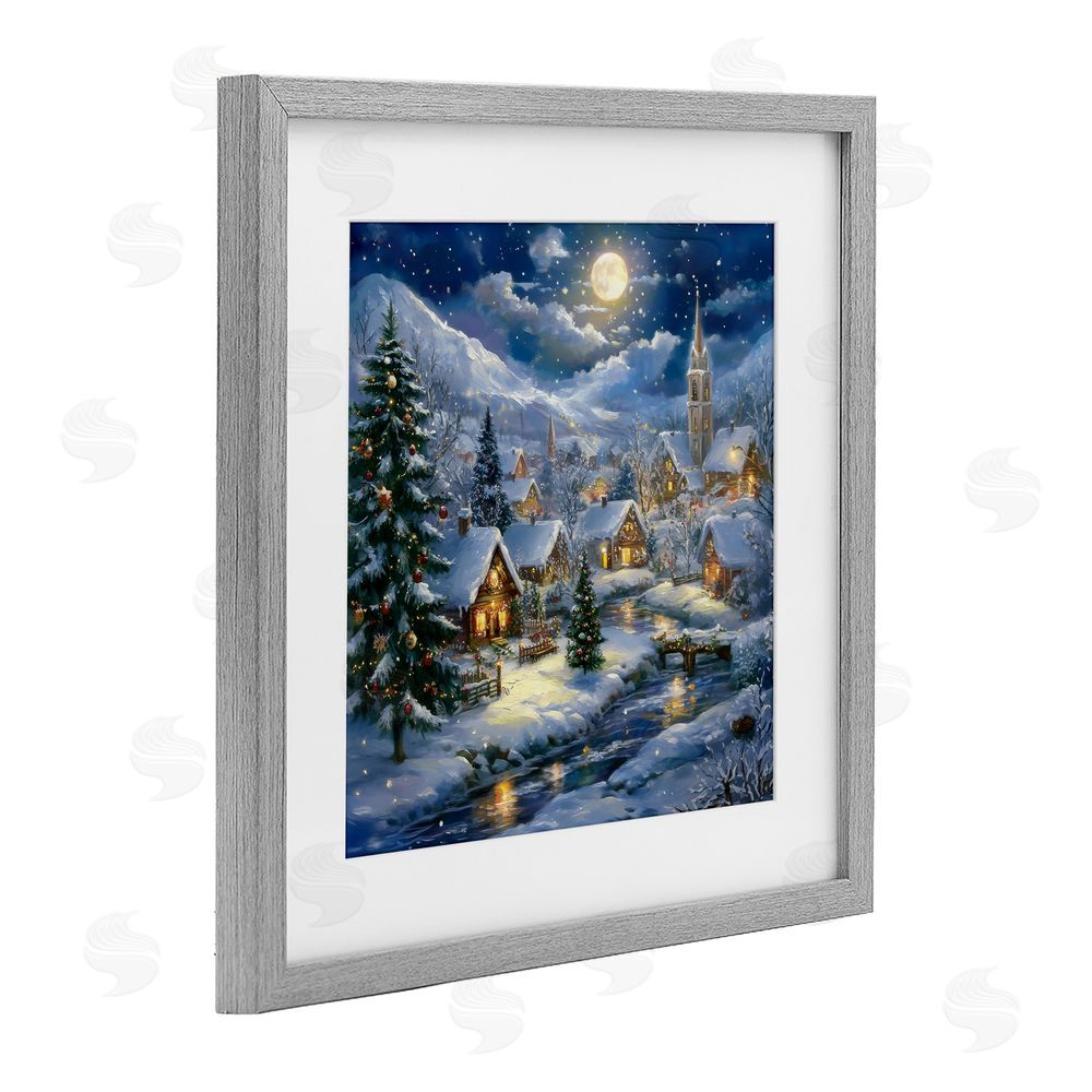 Creative Studio Snow Covered Village Gray Framed Print Under Glass with White Mat Wall Art