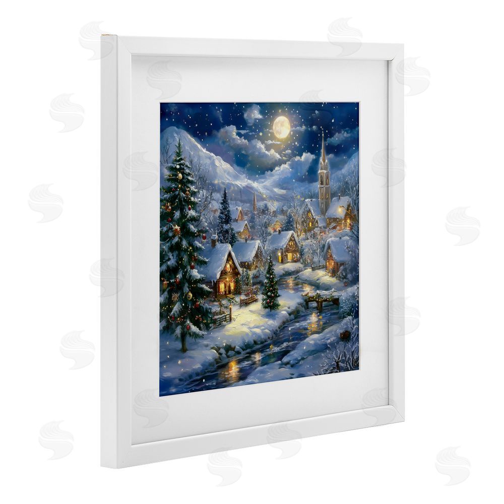 Creative Studio Snow Covered Village White Framed Print Under Glass with Mat Wall Art