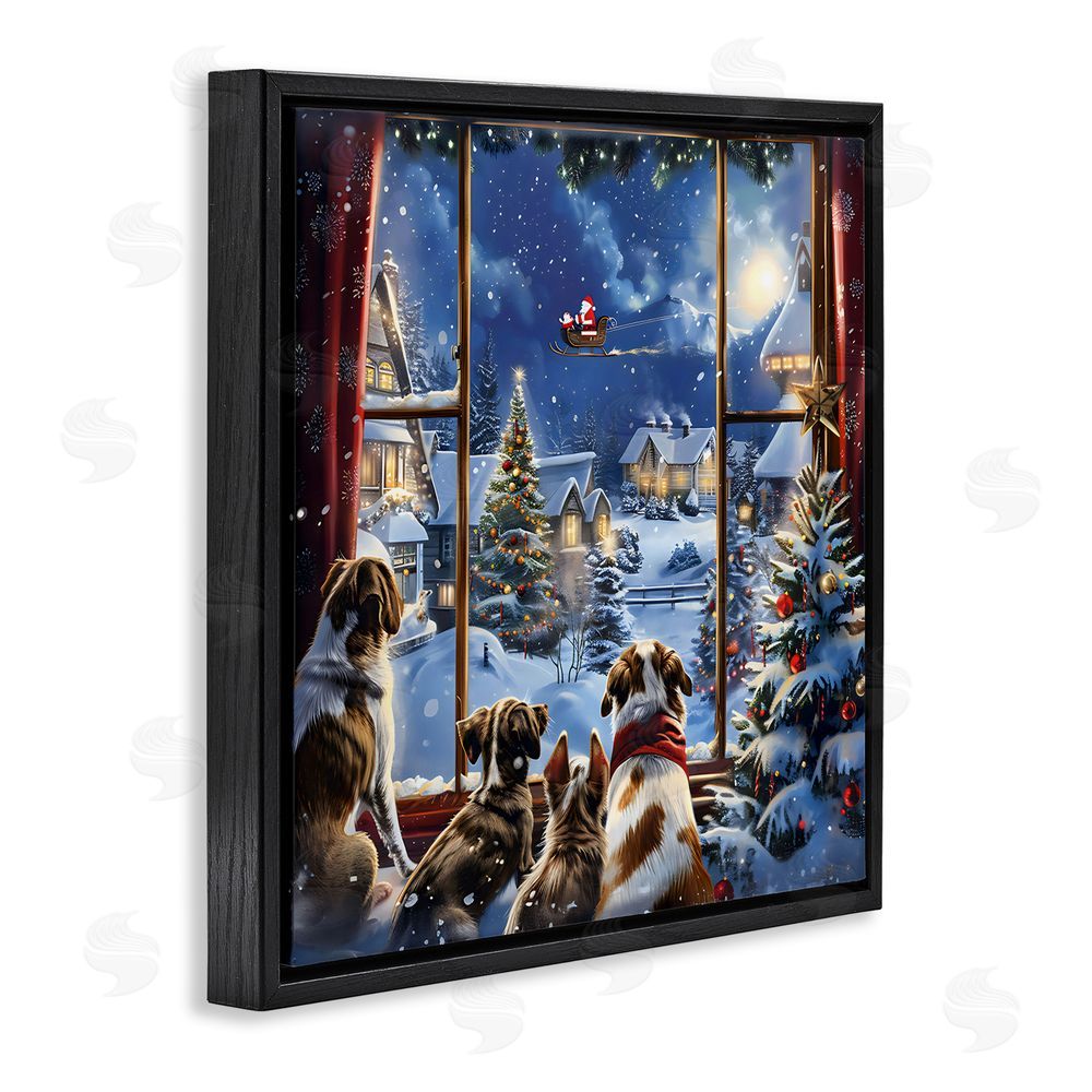 Creative Studio Dogs Watching Santa on Christmas Black Floating Frame Canvas Wall Art Print