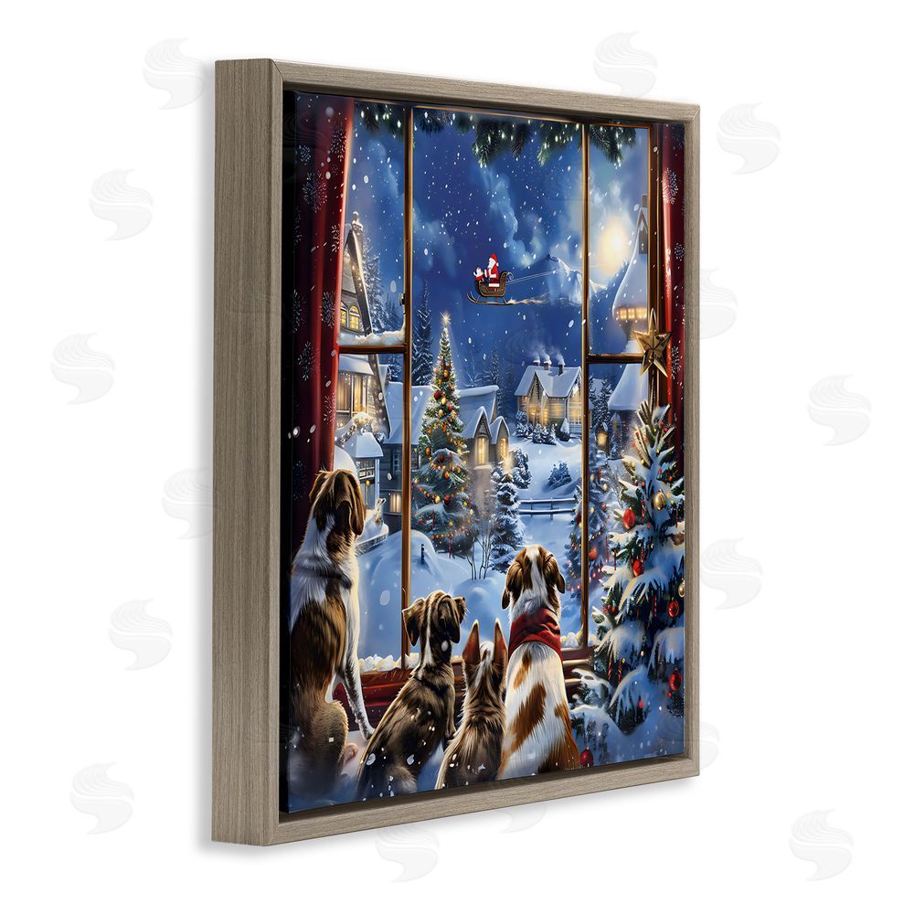 Creative Studio Dogs Watching Santa on Christmas Brown Floating Frame Canvas Wall Art Print