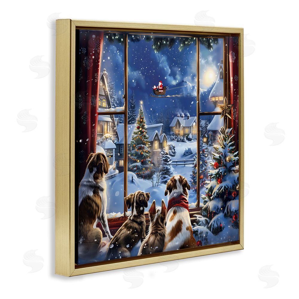 Creative Studio Dogs Watching Santa on Christmas Gold Floating Frame Canvas Wall Art Print