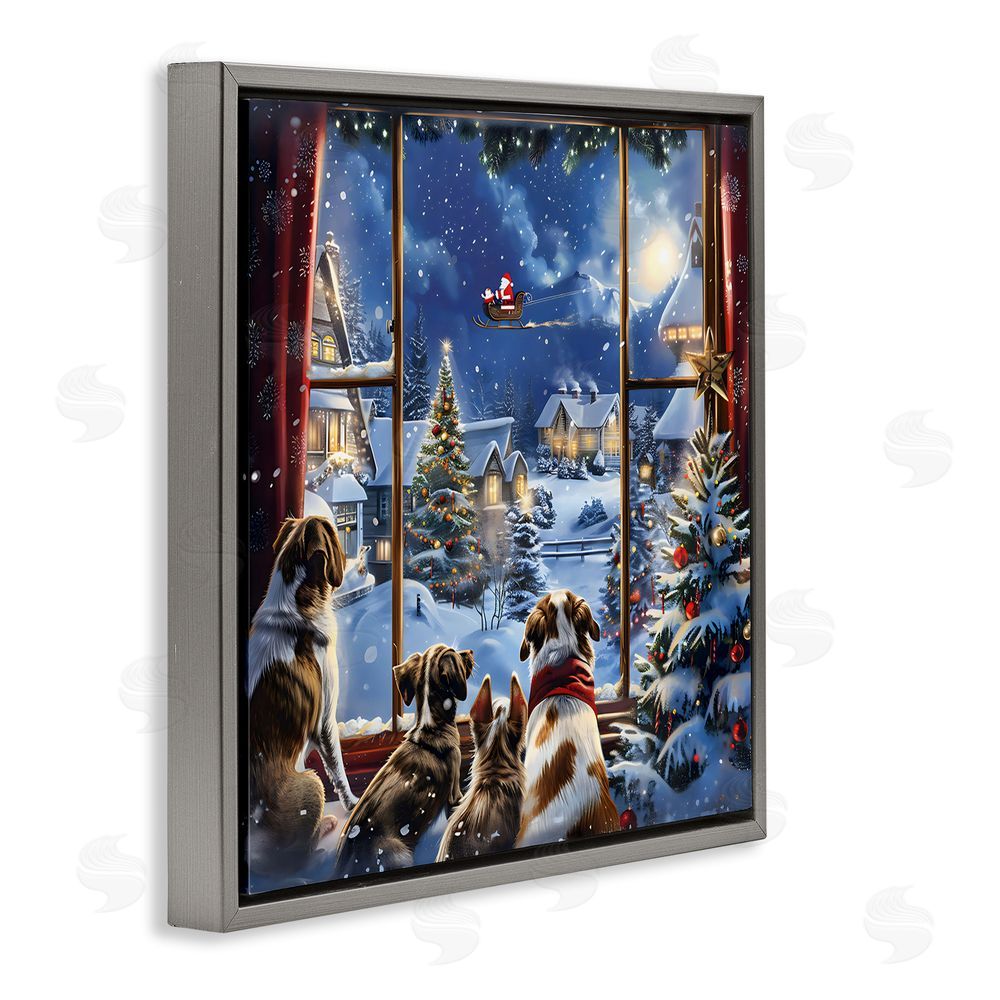 Creative Studio Dogs Watching Santa on Christmas Gray Floating Frame Canvas Wall Art Print