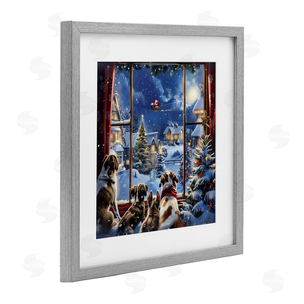 Creative Studio Dogs Watching Santa on Christmas Gray Framed Print Under Glass with White Mat Wall Art