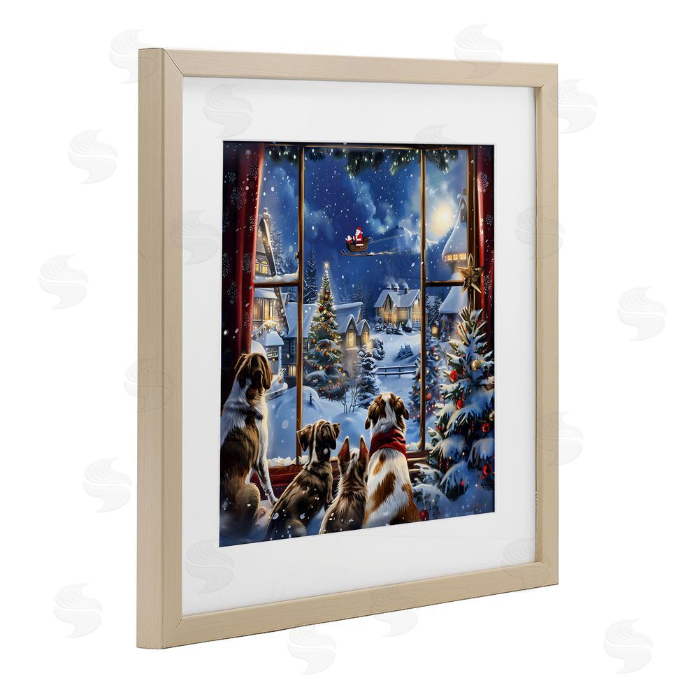 Creative Studio Dogs Watching Santa on Christmas Birch Framed Print Under Glass with White Mat Wall Art