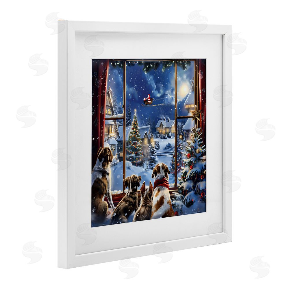 Creative Studio Dogs Watching Santa on Christmas White Framed Print Under Glass with Mat Wall Art