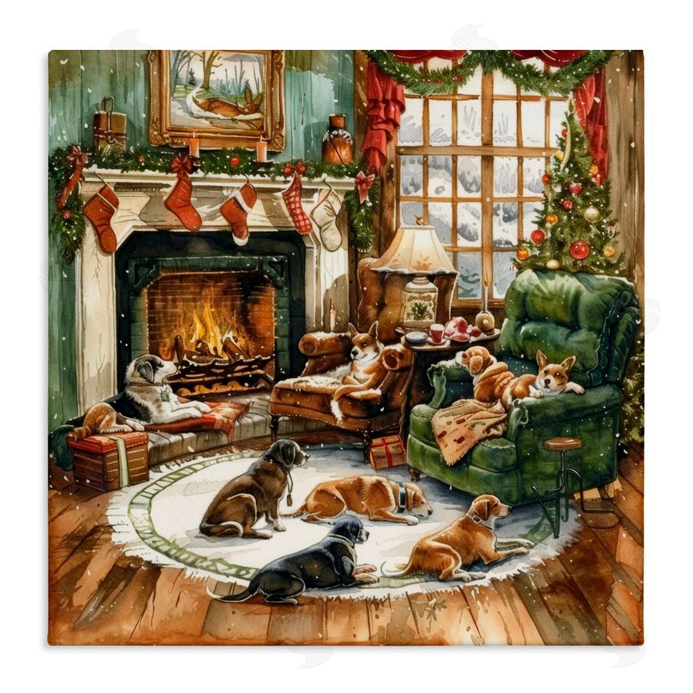 LSR Design Studio Dogs Around Christmas Fireplace Canvas Wall Art Print